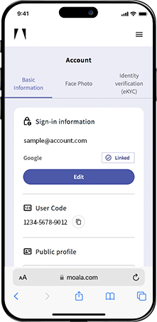 MOALA Account Dashboard: Displays sections such as Sign-in infomation, User Code and Public Profile etc.