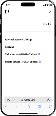 MOALA Account Menu Screen: Includes options for Account Settings, External Account Integration, Ticket Services (MOALA Ticket), and Resale Services (MOALA Square).
