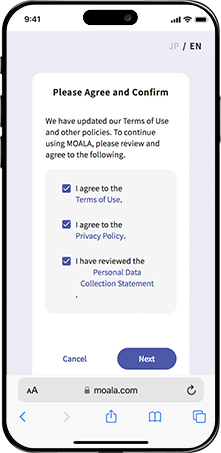 Screen for confirming agreement to the Terms of Service and Privacy Policy.
