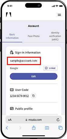 MOALA Account Dashboard: The Linked email address is outlined in red.