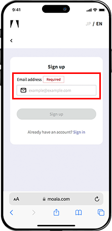 Email address input screen.