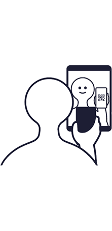 QRコードを提示し、顔認証端末で本人確認をしている人のイラスト