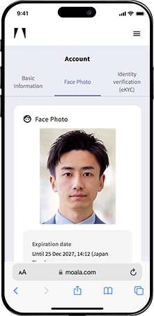 MOALA Account Identity Verification Screen: The facial photo field is marked as 'Registered'.