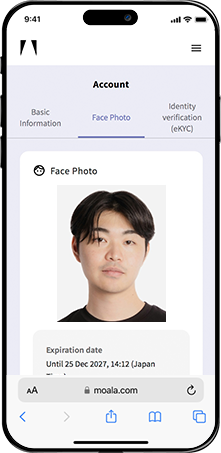 MOALA Account Identity Verification Screen: The facial photo field is marked as 'Registered'.