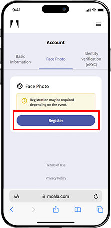 MOALA Account Identity Verification Screen: The Register button for the profile picture is outlined in red.