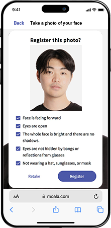 Confirmation Screen: Verify whether the captured photo is acceptable for registration.
