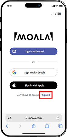 MOALA Account Sign-In Screen.